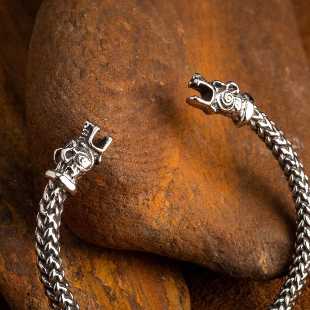 Small Stainless Steel Wolf Head Torc Bracelet