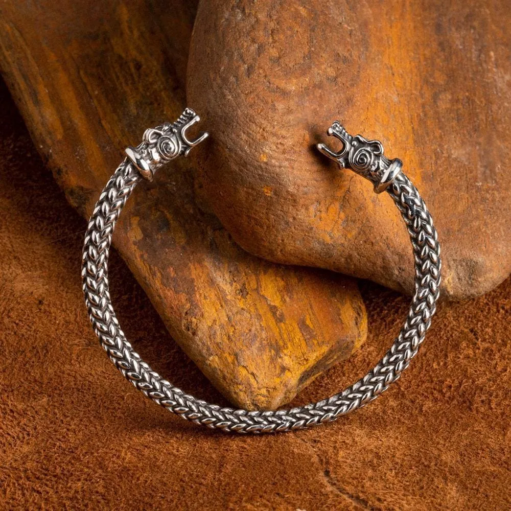 Small Stainless Steel Wolf Head Torc Bracelet