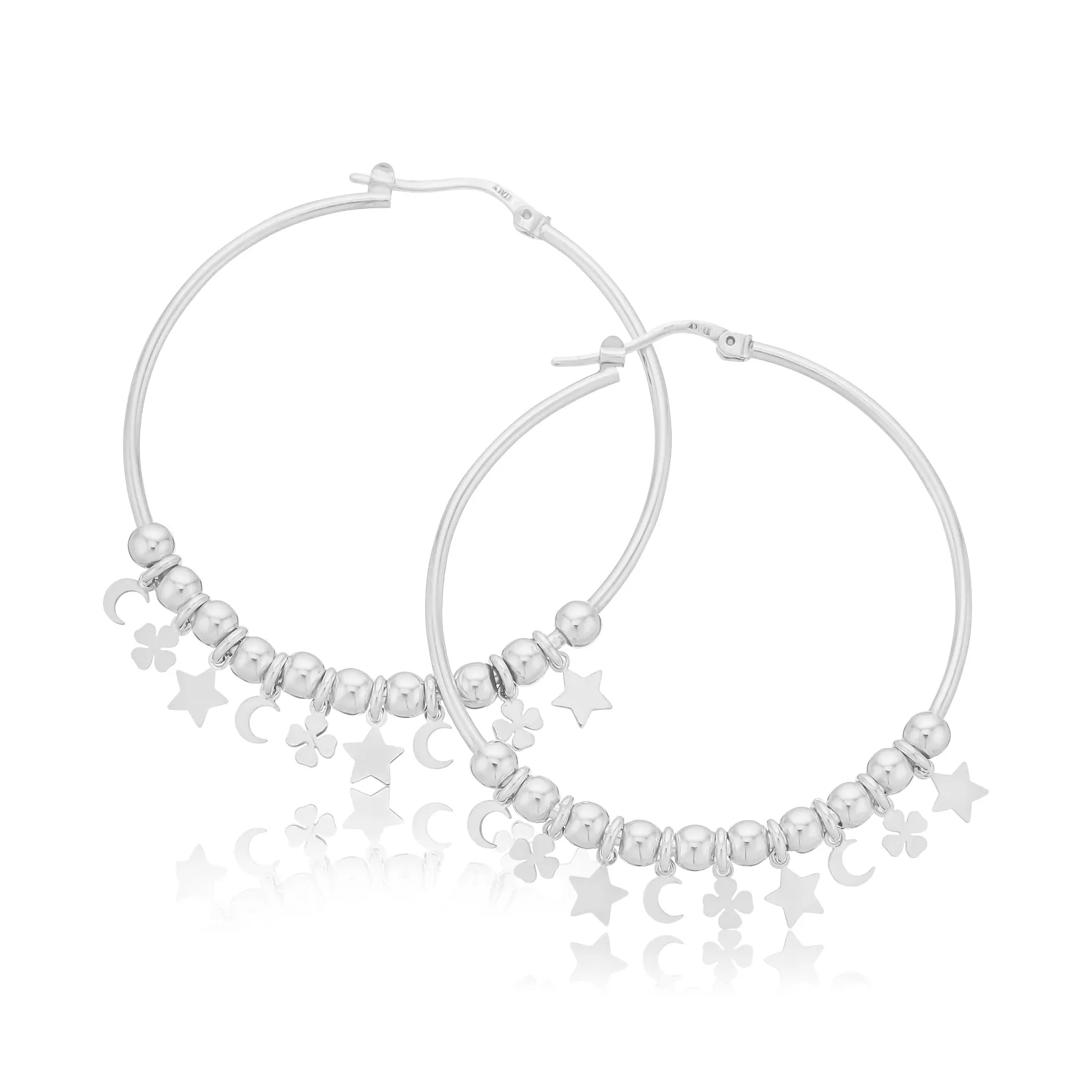 Sterling Silver  40 mm Star Clover Crescent Hoop Earrings