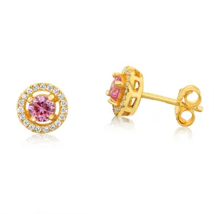 Sterling Silver Gold Plated Pink And White Cubic Zirconia Round Stud Earrings