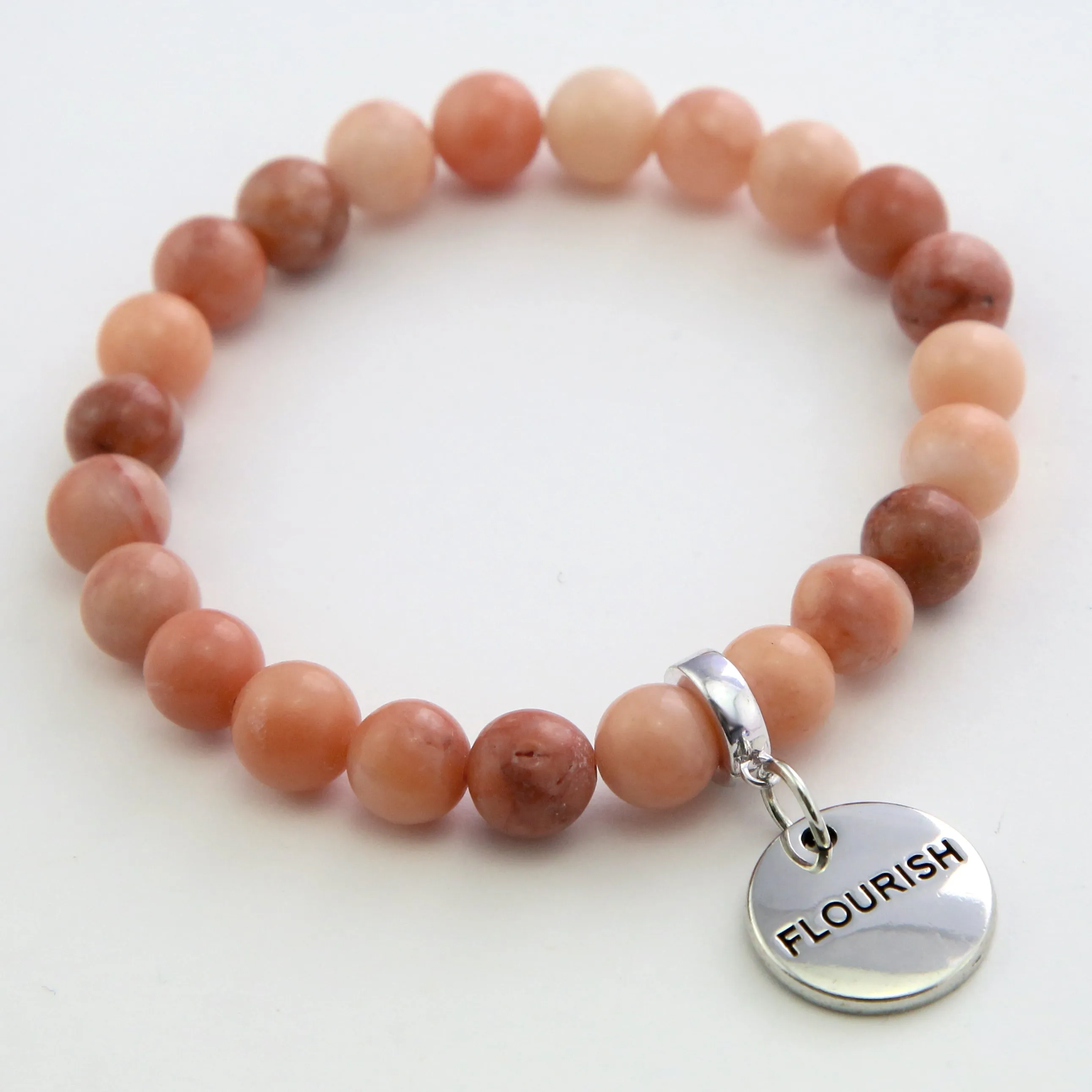 Stone Bracelet - Cream & Clay Agate 8mm Beads - With Silver Word Charms