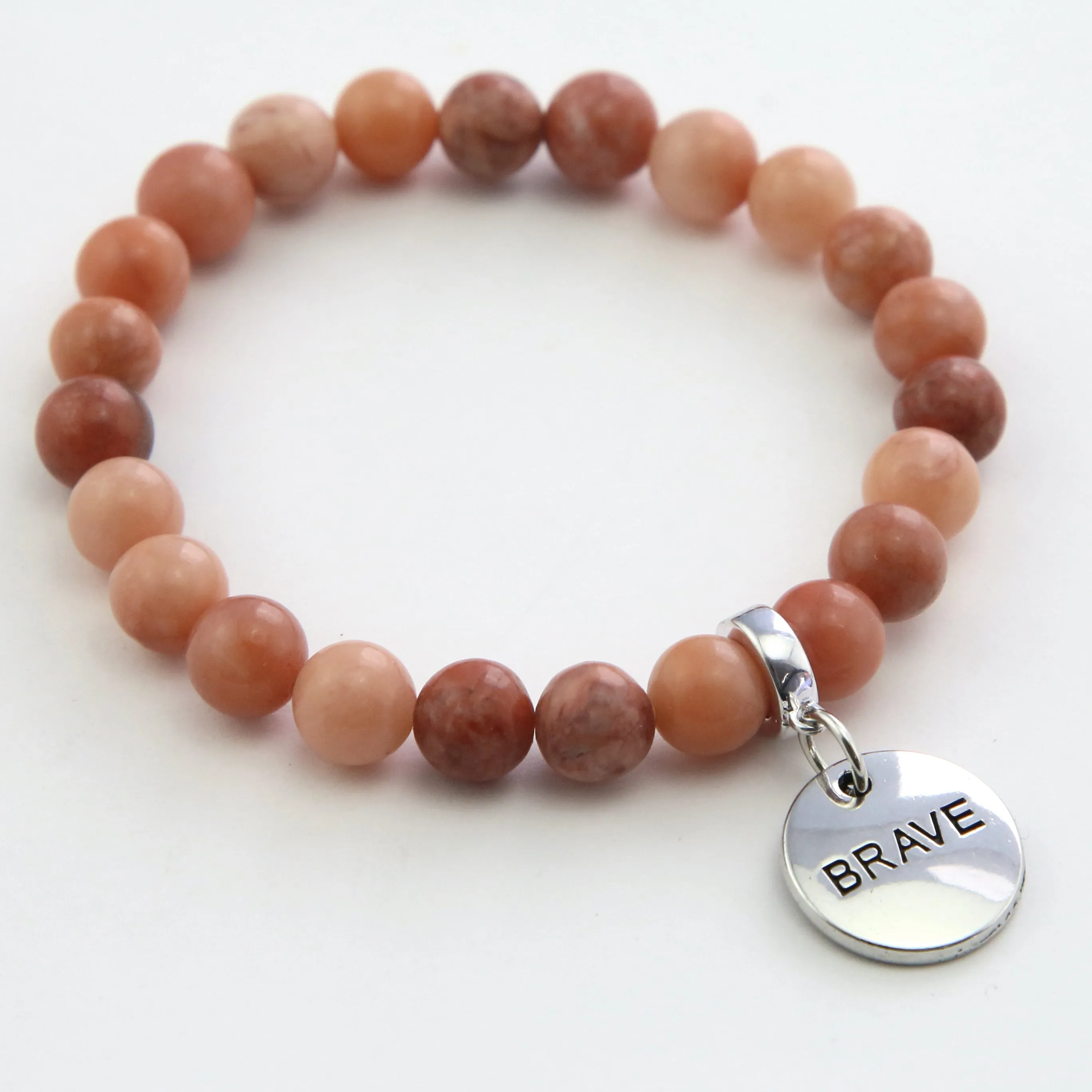 Stone Bracelet - Cream & Clay Agate 8mm Beads - With Silver Word Charms