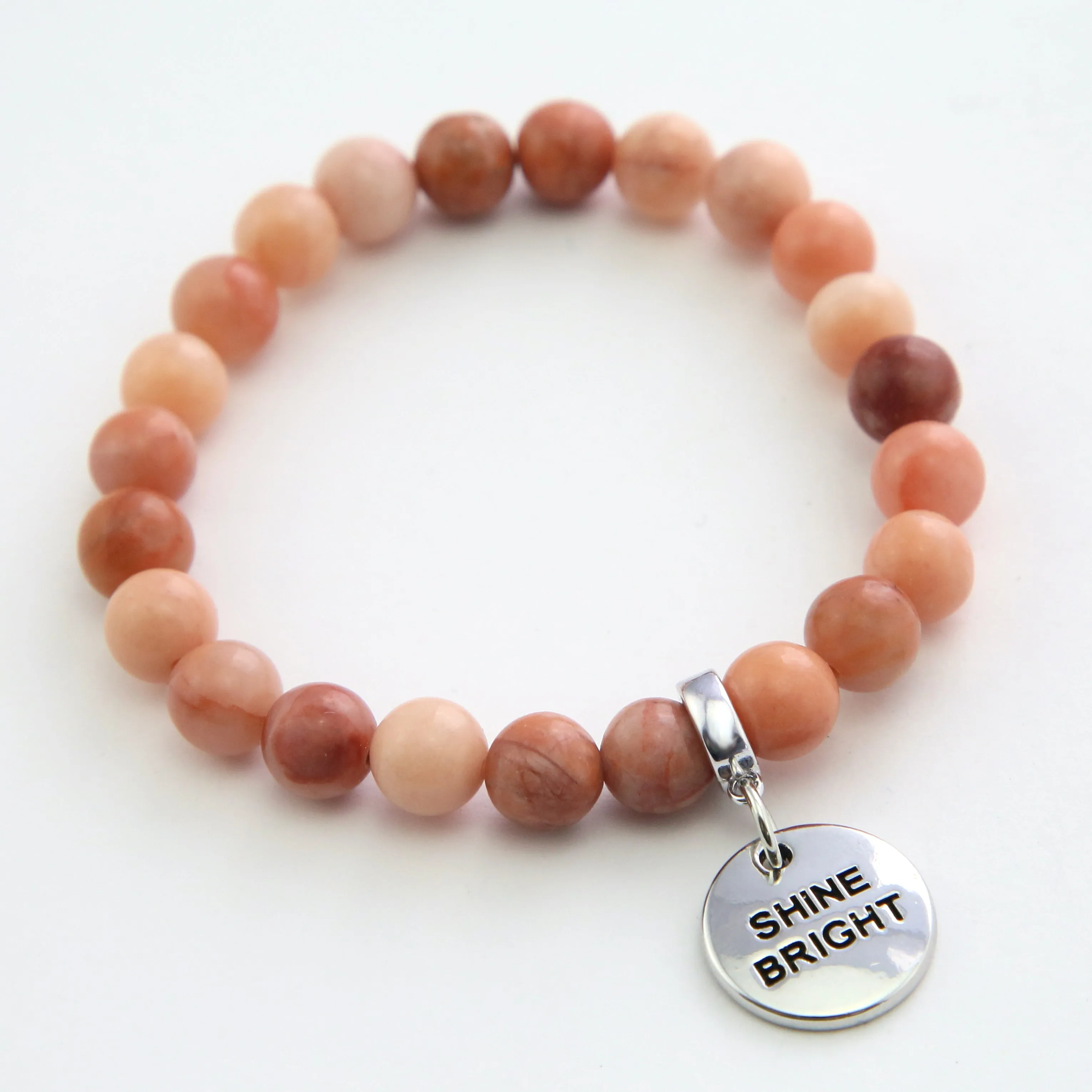 Stone Bracelet - Cream & Clay Agate 8mm Beads - With Silver Word Charms