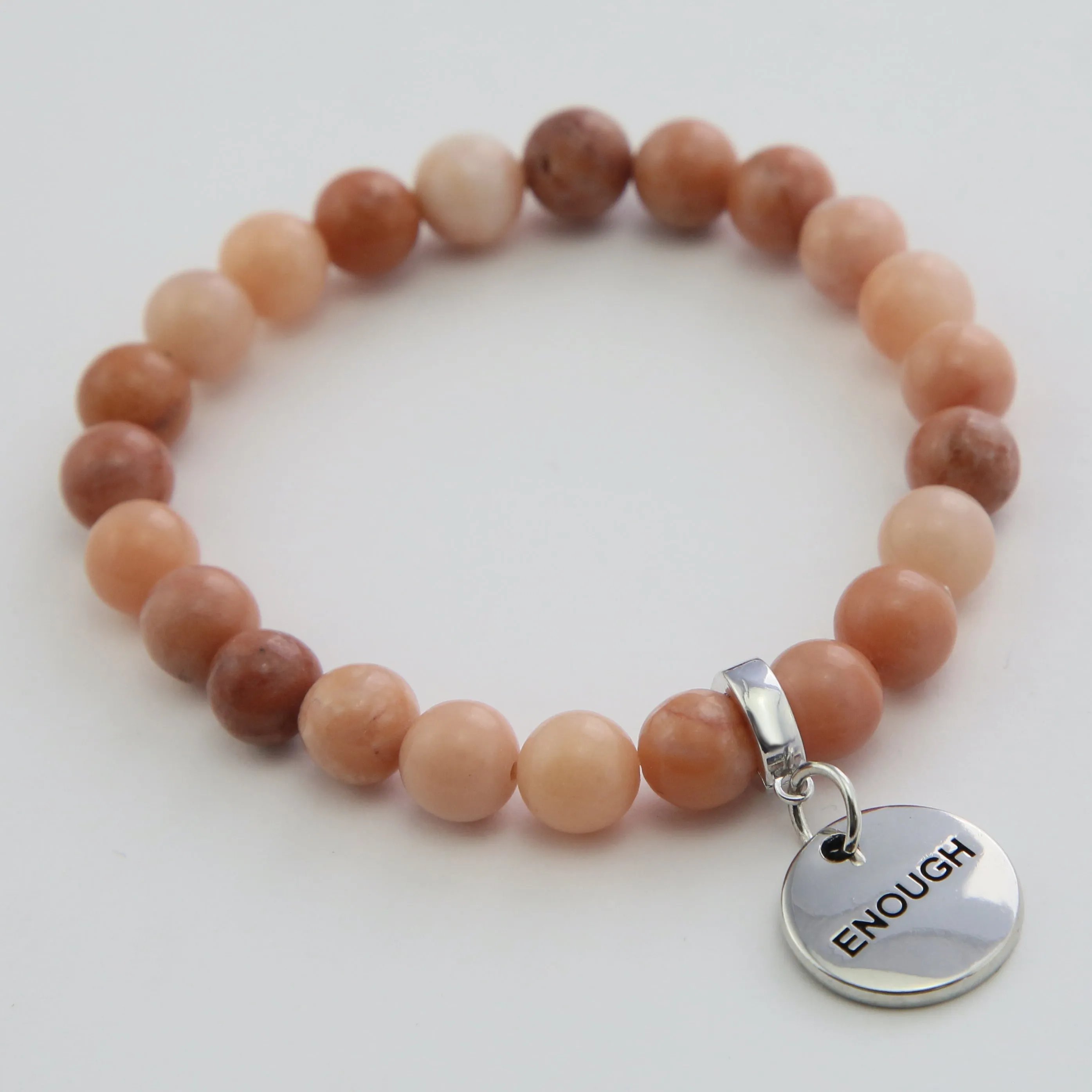 Stone Bracelet - Cream & Clay Agate 8mm Beads - With Silver Word Charms