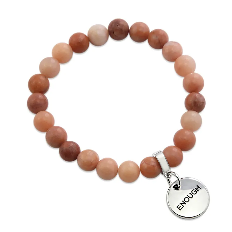 Stone Bracelet - Cream & Clay Agate 8mm Beads - With Silver Word Charms