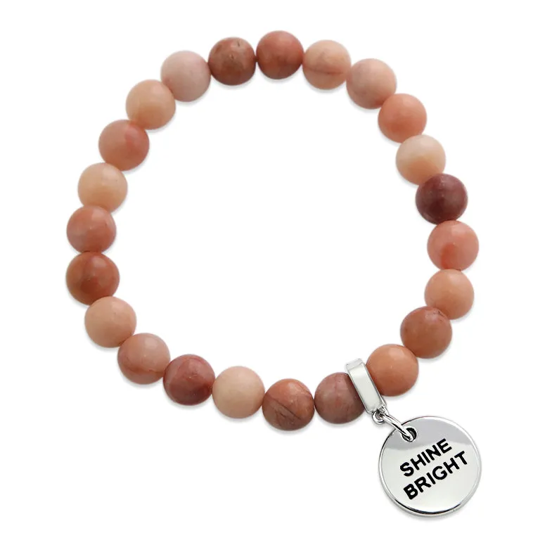 Stone Bracelet - Cream & Clay Agate 8mm Beads - With Silver Word Charms