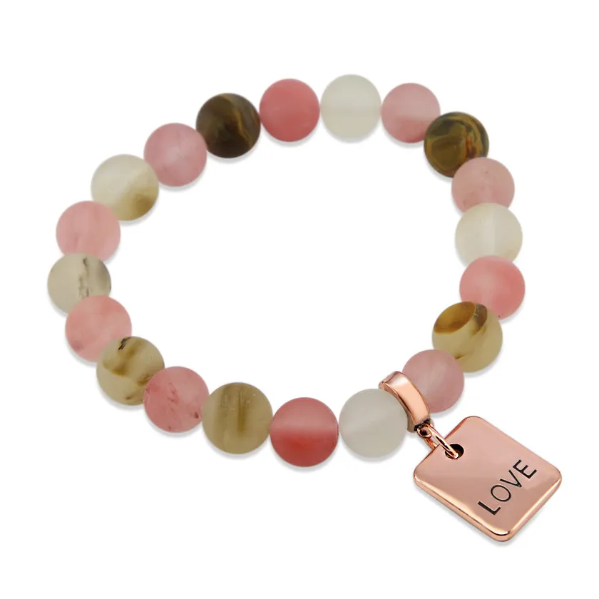 Stone Bracelet - Frosted Watermelon & Tigerskin 10mm Beads- With Rose Gold Word Charms