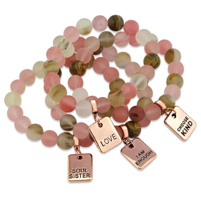 Stone Bracelet - Frosted Watermelon & Tigerskin 10mm Beads- With Rose Gold Word Charms