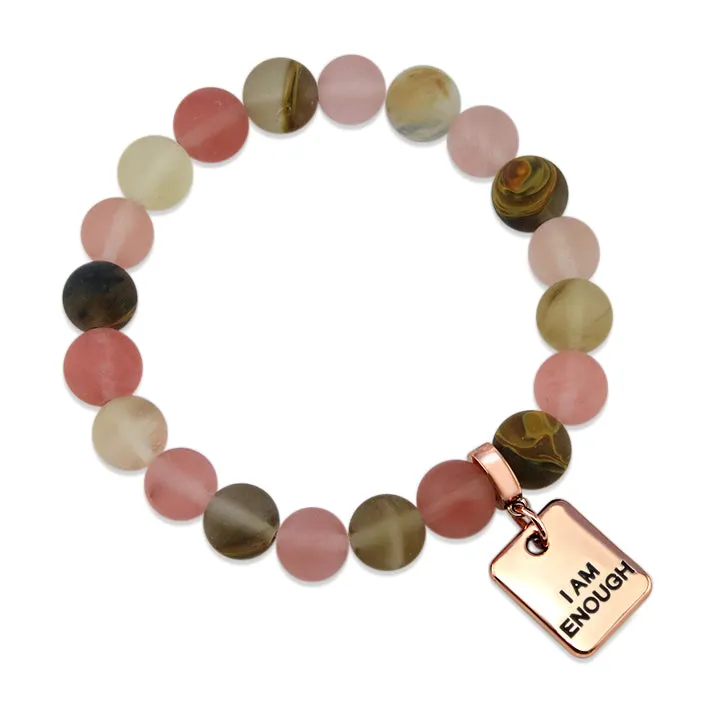 Stone Bracelet - Frosted Watermelon & Tigerskin 10mm Beads- With Rose Gold Word Charms