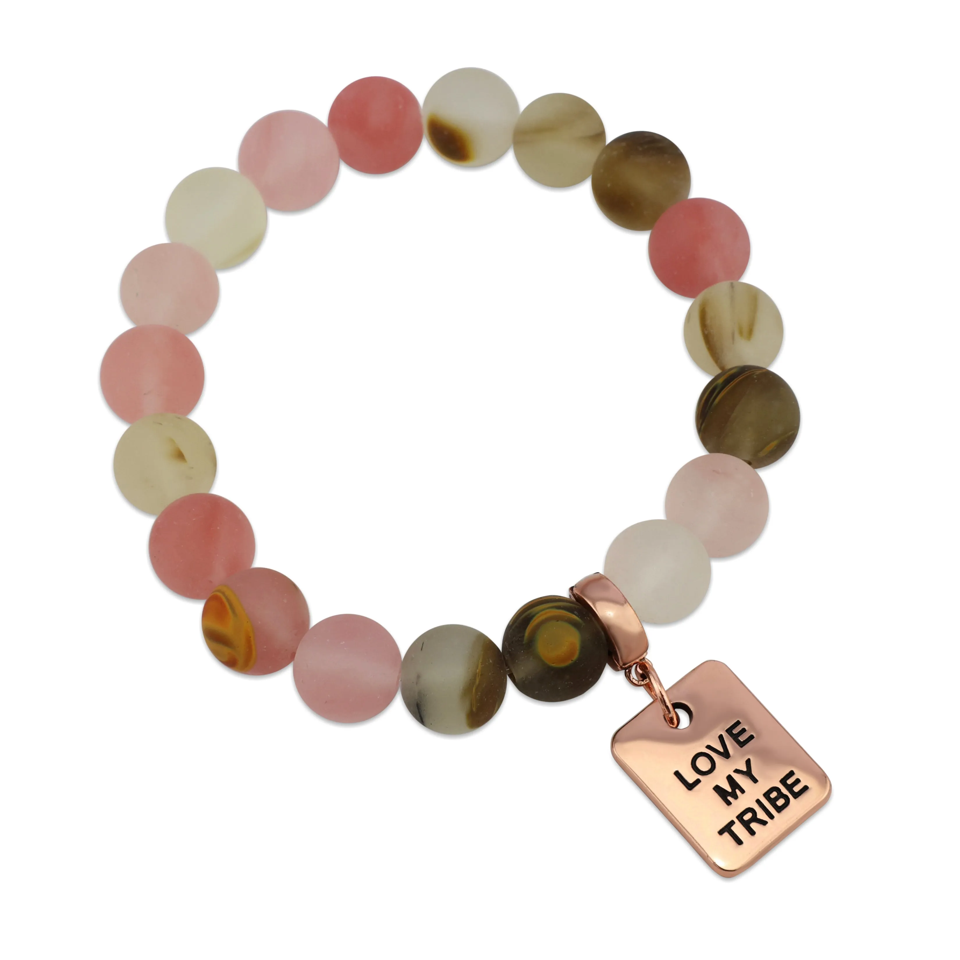 Stone Bracelet - Frosted Watermelon & Tigerskin 10mm Beads- With Rose Gold Word Charms