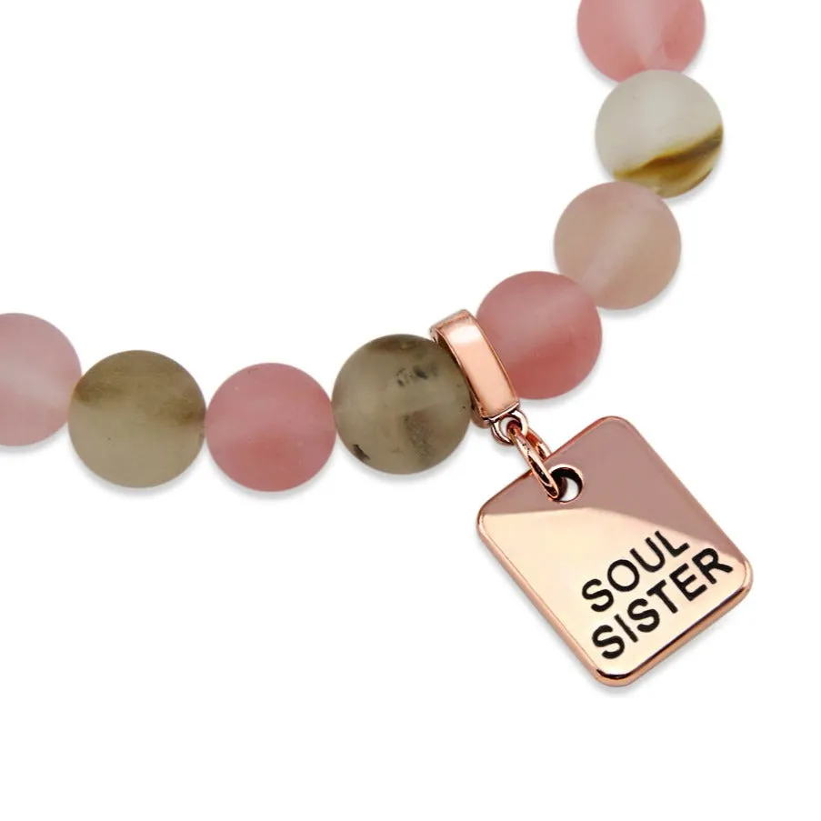 Stone Bracelet - Frosted Watermelon & Tigerskin 10mm Beads- With Rose Gold Word Charms