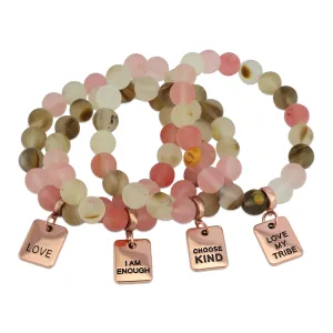 Stone Bracelet - Frosted Watermelon & Tigerskin 10mm Beads- With Rose Gold Word Charms