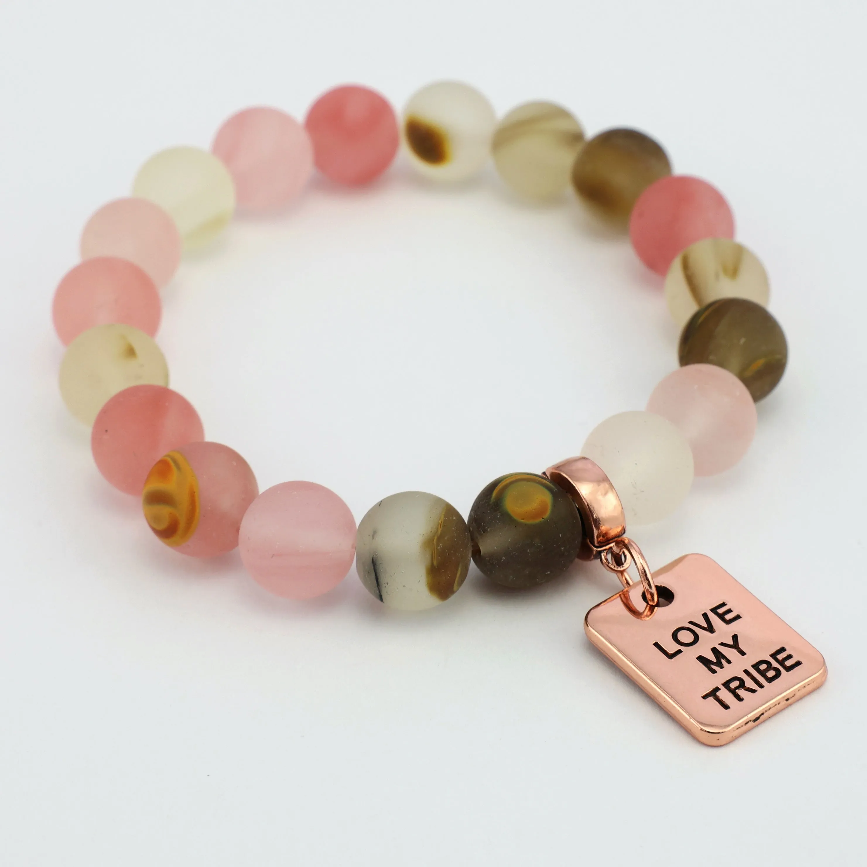 Stone Bracelet - Frosted Watermelon & Tigerskin 10mm Beads- With Rose Gold Word Charms