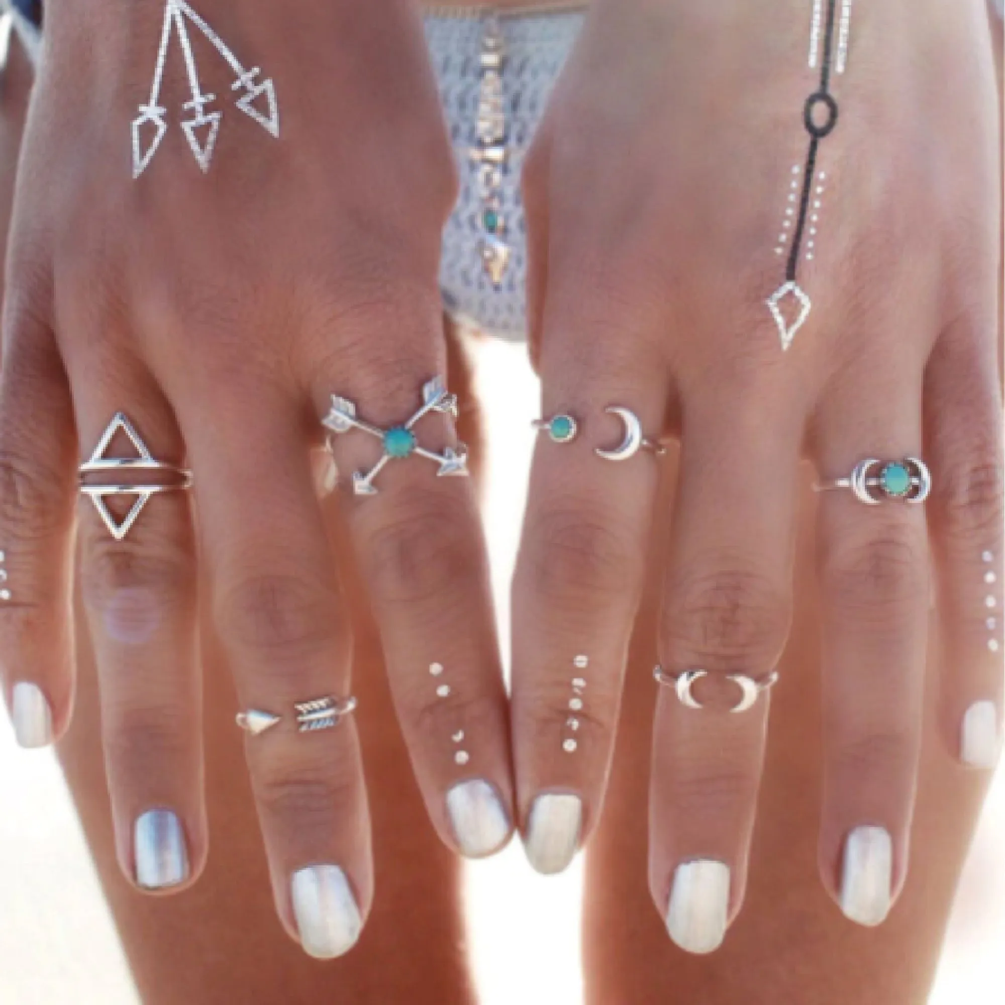 Stylish Vintage Boho Ring Set, Arrow Style, 6 Pieces, Turquoise w Antique Silver Designs