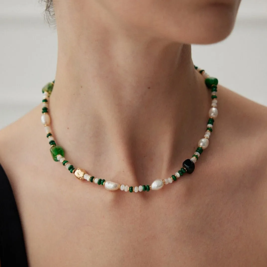 The Multielement Necklace Featuring Malachite Pearls and Green Onyx