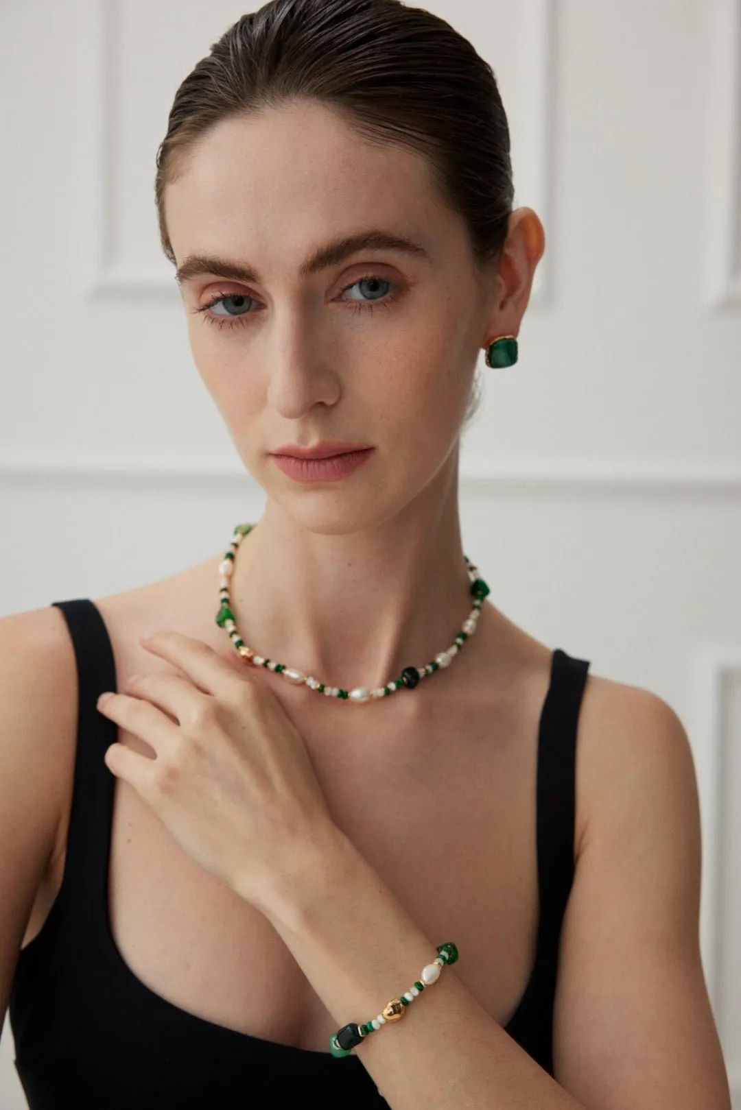 The Multielement Necklace Featuring Malachite Pearls and Green Onyx