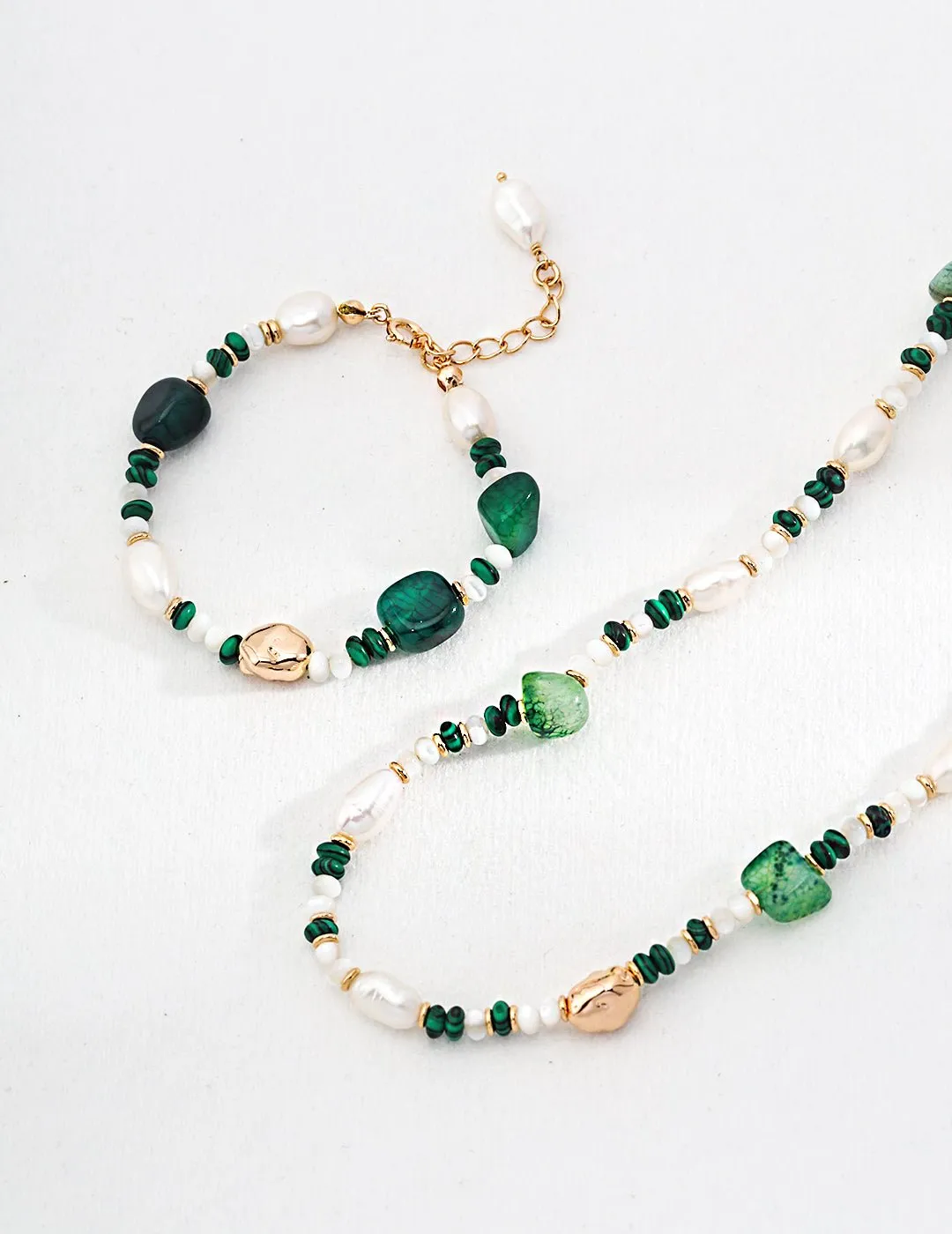 The Multielement Necklace Featuring Malachite Pearls and Green Onyx