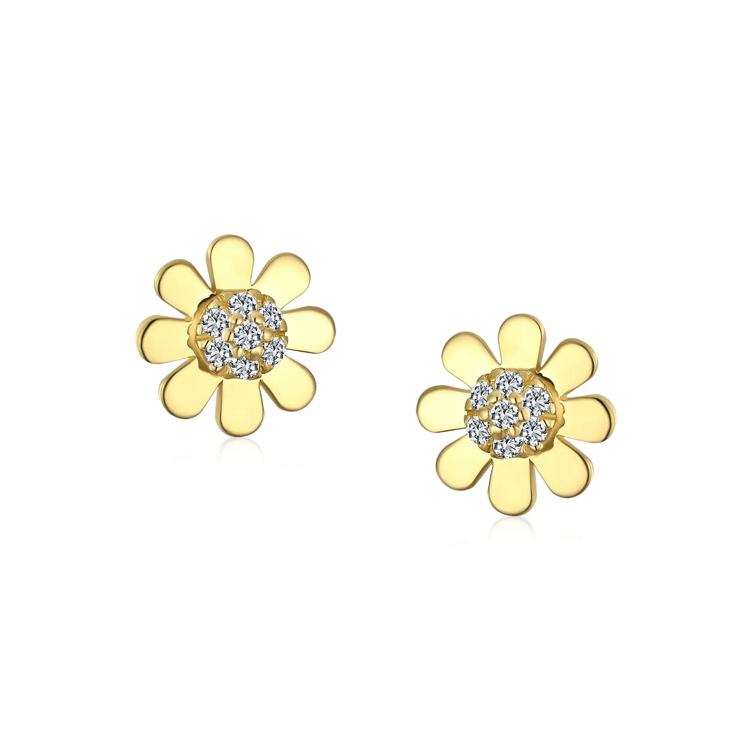 Tiny Petite CZ Stud Earrings, 14K Gold Sunflower Daisy Design, Secure Screw Back