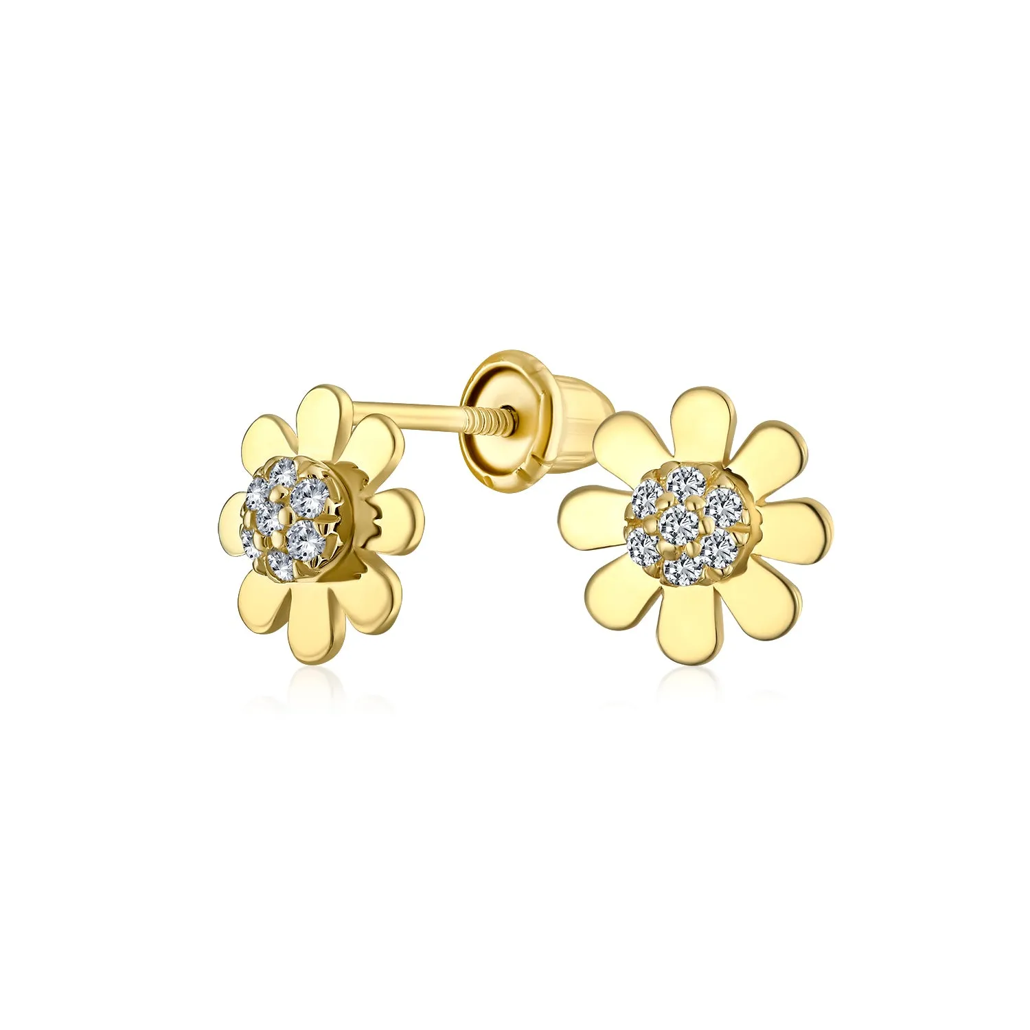 Tiny Petite CZ Stud Earrings, 14K Gold Sunflower Daisy Design, Secure Screw Back