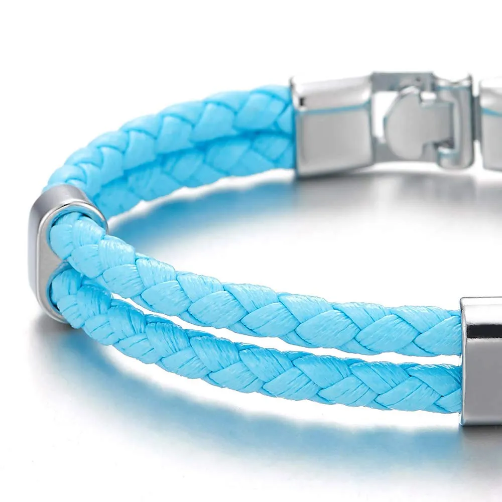 Unique Two-Row Sky Blue Braided Leather Bangle Bracelet Men Women