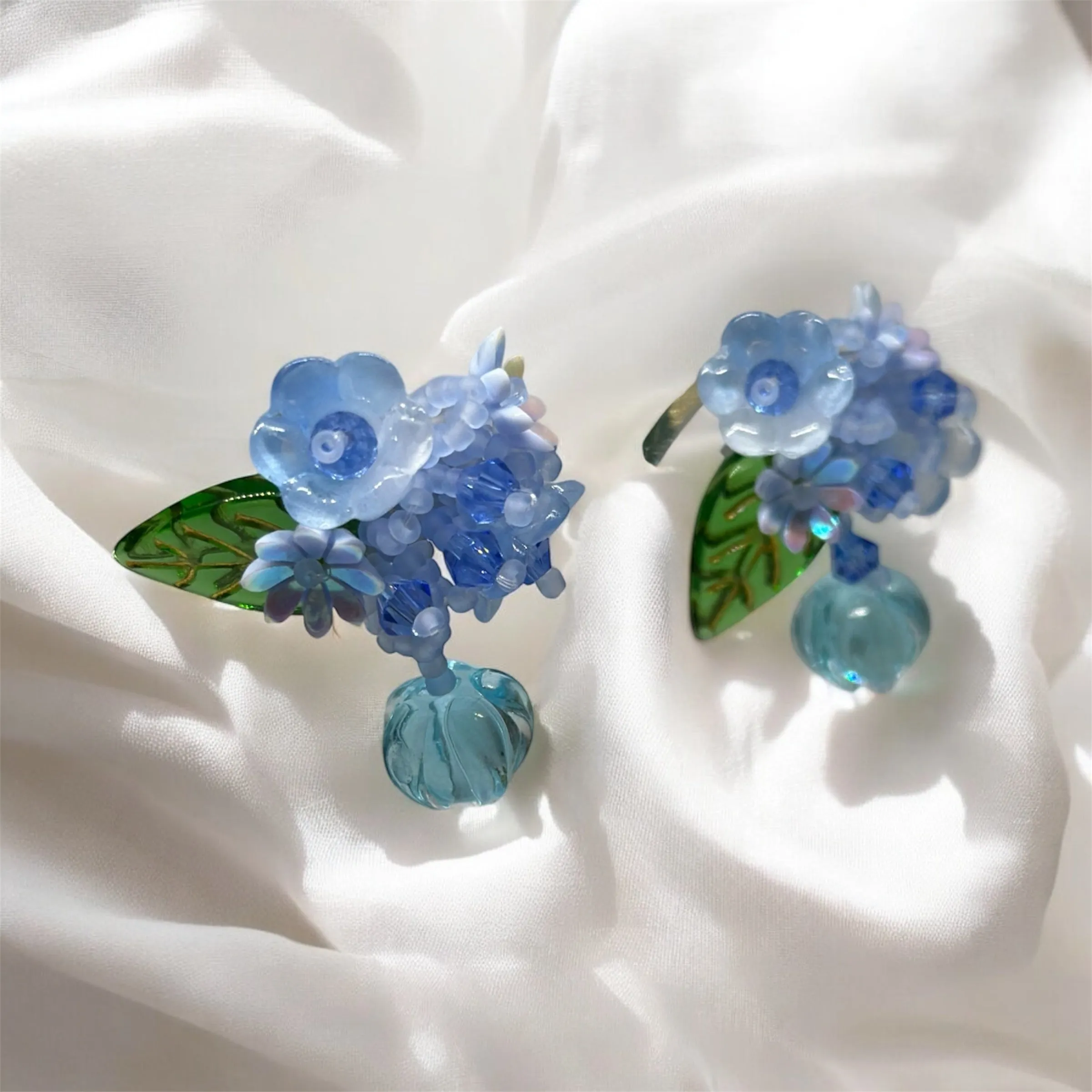 Whimsical - Blue beaded flower studs earrings