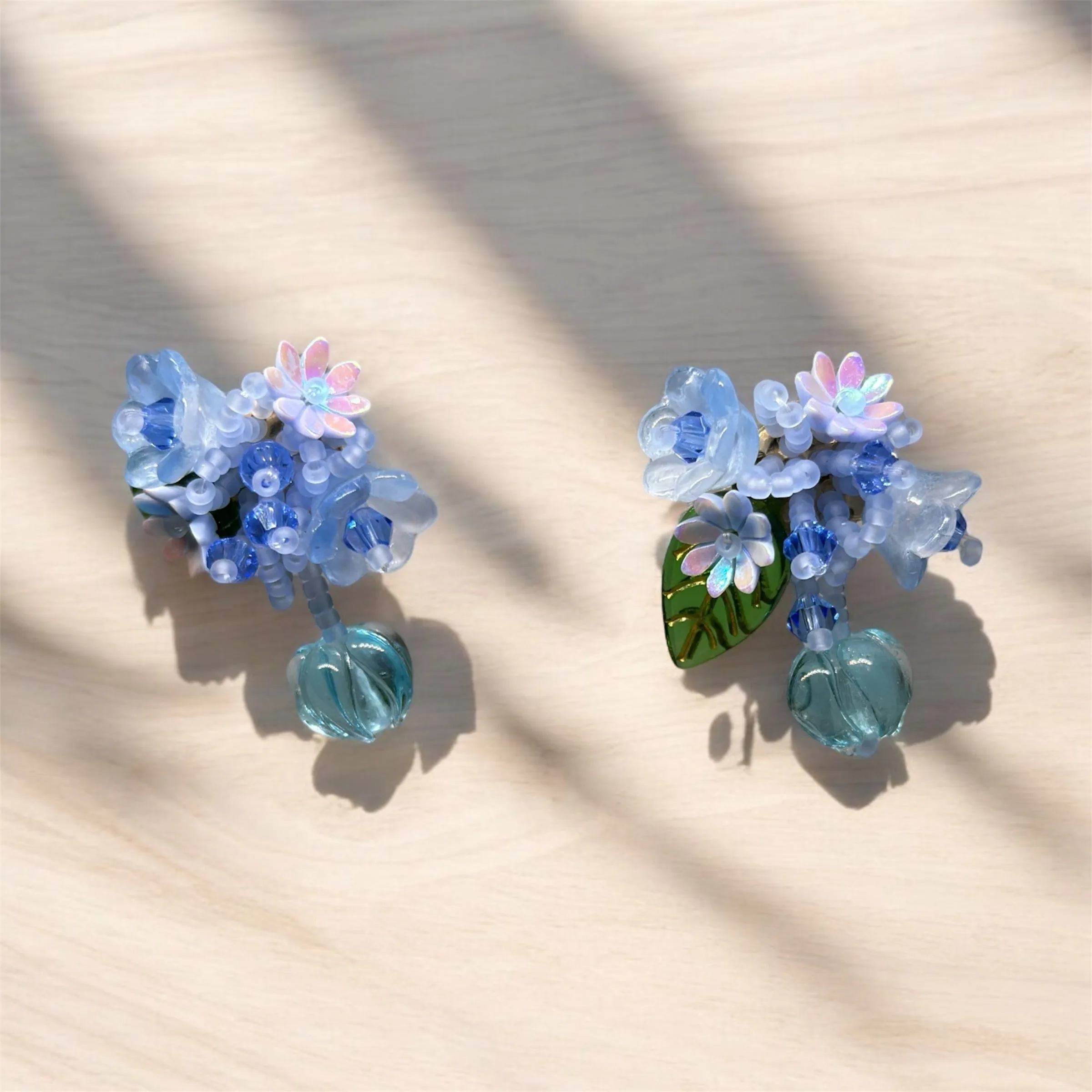 Whimsical - Blue beaded flower studs earrings