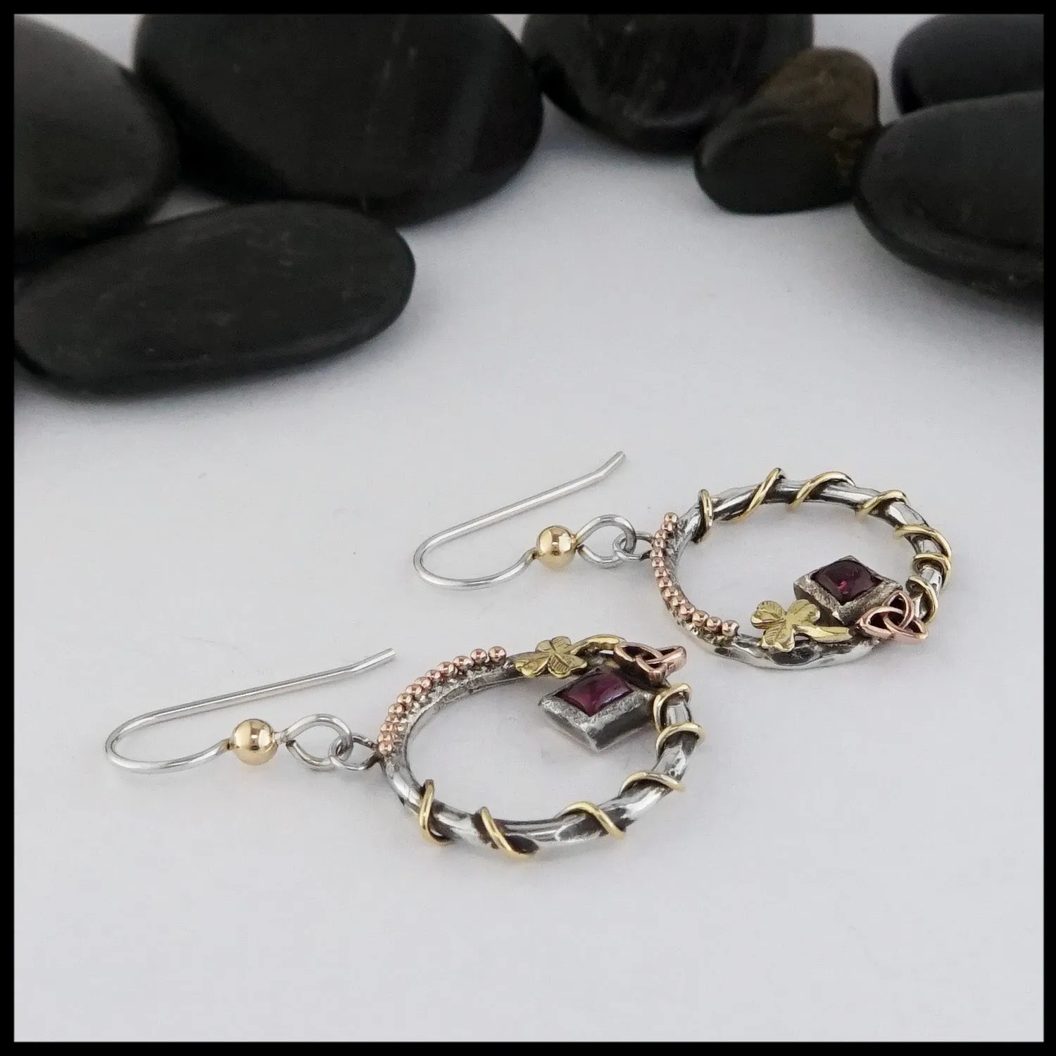 Whimsical Celtic Drop Earrings with Pink Tourmaline