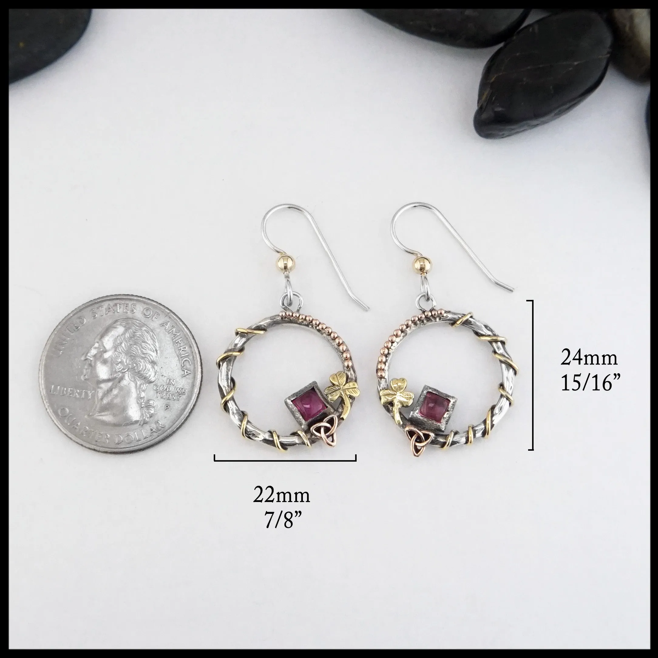 Whimsical Celtic Drop Earrings with Pink Tourmaline