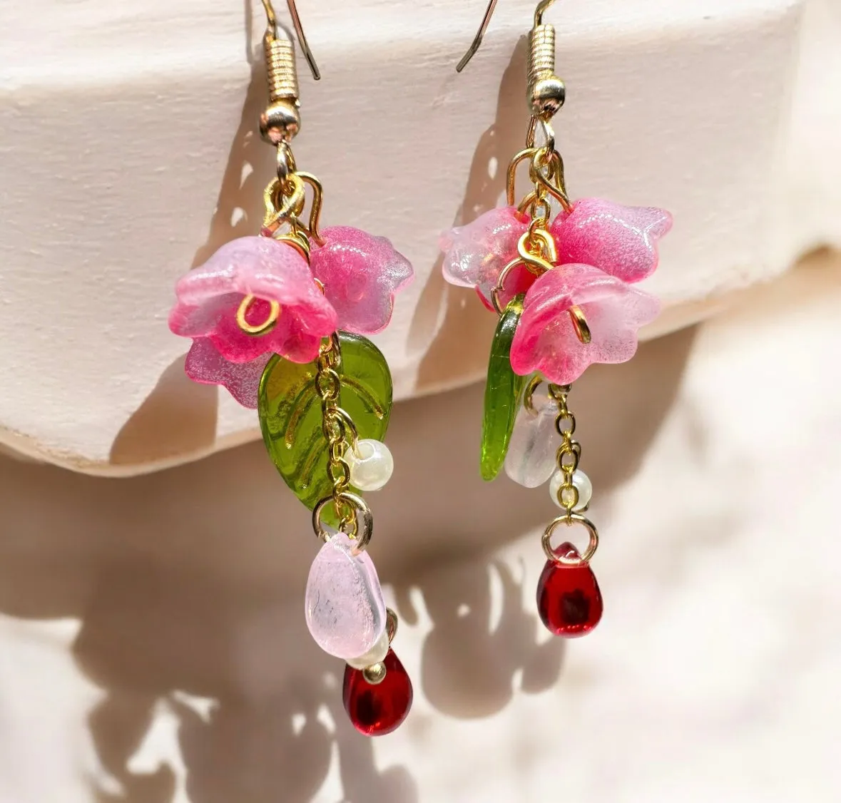 Whimsical - Pink Lily of the valley flower earrings