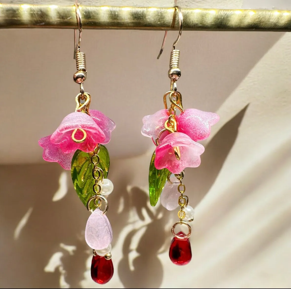 Whimsical - Pink Lily of the valley flower earrings