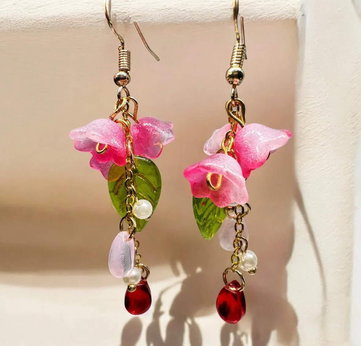 Whimsical - Pink Lily of the valley flower earrings