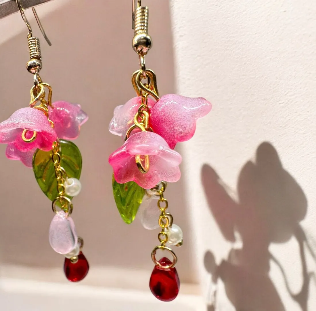 Whimsical - Pink Lily of the valley flower earrings