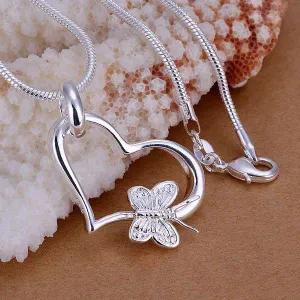 wholesale silver plated pendant,925 fashion Silver jewelry butterfly heart pendants necklace for women/men  chain SP090