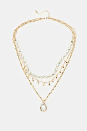 Women Gold And White Embellished Necklace