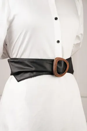 Wooden Buckle Black Waist Belt