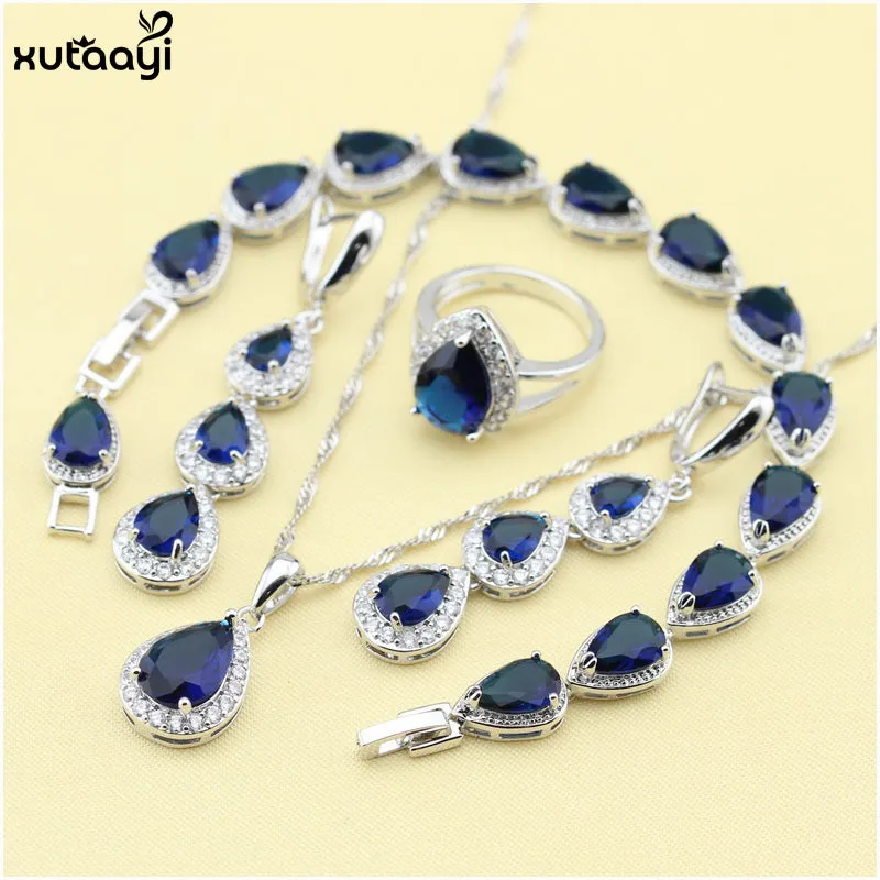 XUTAAYI Top Quality 925 Silver Jewelry Sets Blue Created Sapphired Flawless Necklace/Rings/Earrings/Bracelet For women