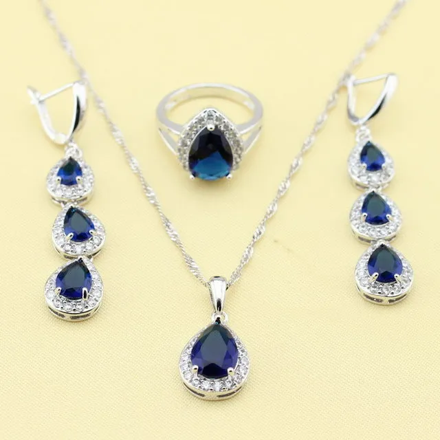 XUTAAYI Top Quality 925 Silver Jewelry Sets Blue Created Sapphired Flawless Necklace/Rings/Earrings/Bracelet For women