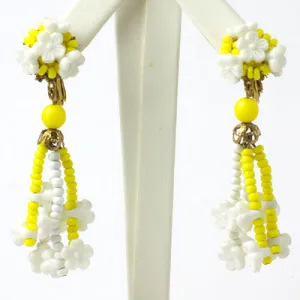 Yellow & White Beaded Flower 1960s Earrings