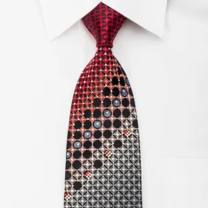 Yezak Mens Rhinestone Tie Silver Red Geometric Lattice On Black Silk